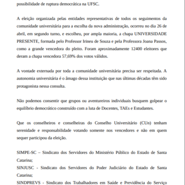 FÓRUM CATARINENSE EM DEFESA DO SERVIÇO PÚBLICO- NOTA EM DEFESA DO RESULTADO DA ELEIÇÃO DA UFSC